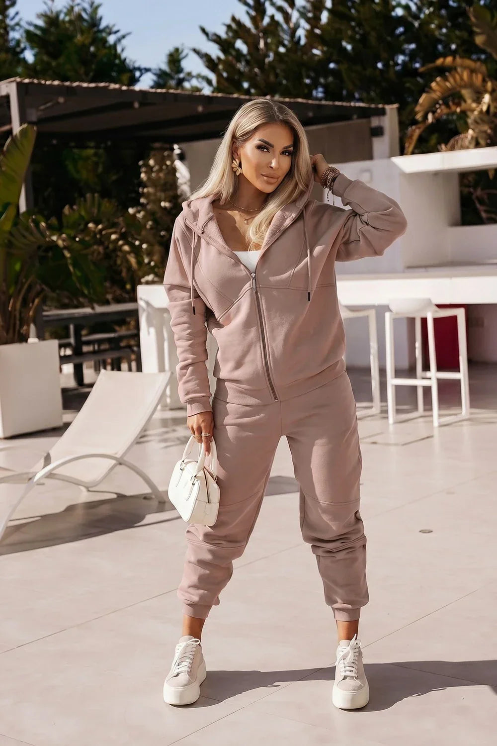 KOMPLET DRESOWY BAWEŁNIANY BLUZA ROZPINANA Z KAPTUREM + SPODNIE CAPPUCCINO
